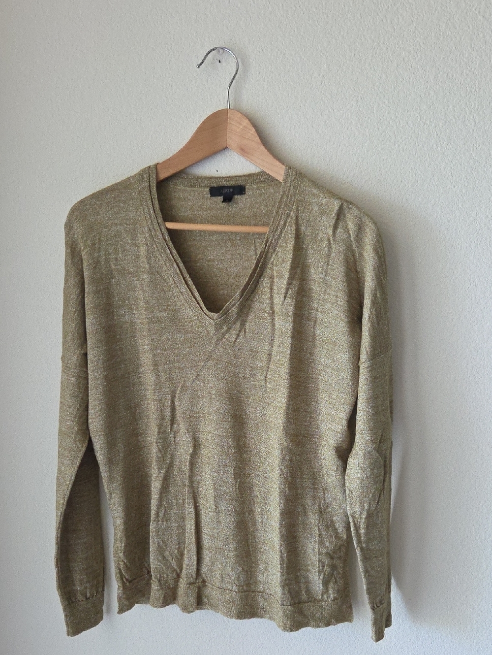 J. Crew Merino Wool Linen Blend V-Neck Sweater Light Tan Green Heathered Sz M